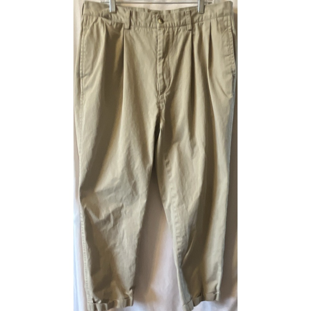 Nautica Men's Beige Pleated Cuffed Cotton Twill Straight Casual Pants 38W/32L